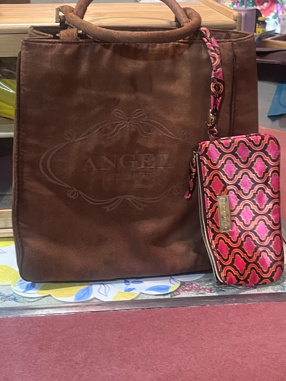 Angel Brown Tote with Pink Patterned Wristlet
